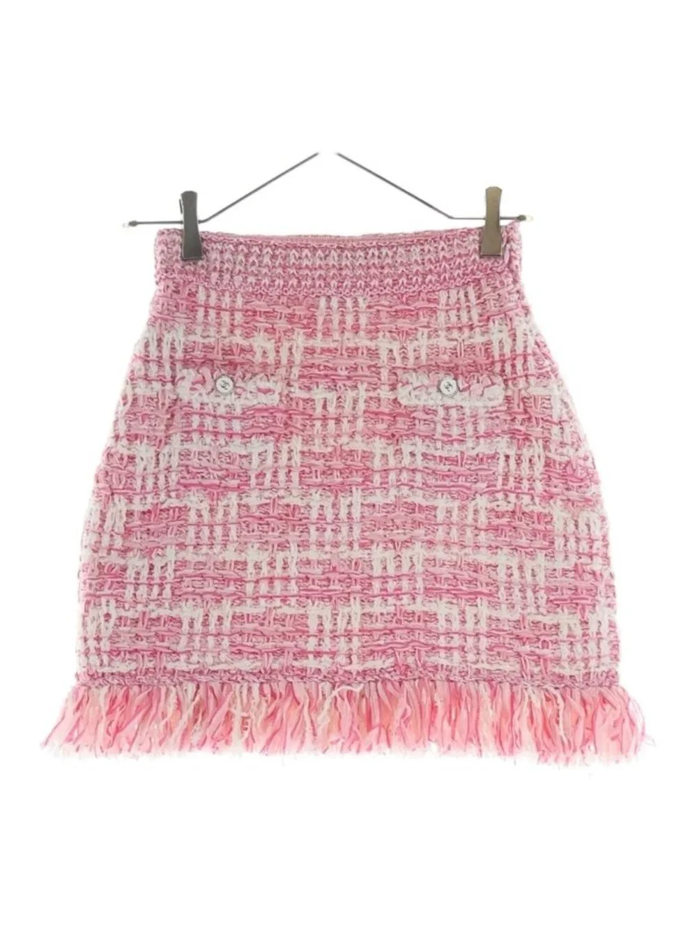 Chanel Tweed Fringe Skirt CC Logo Button Pink White